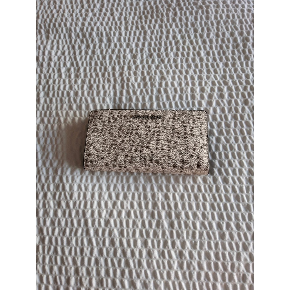 Michael Kors Jet Set Slim Bifold Wallet Vanilla Signature Logo Light Blue Trim